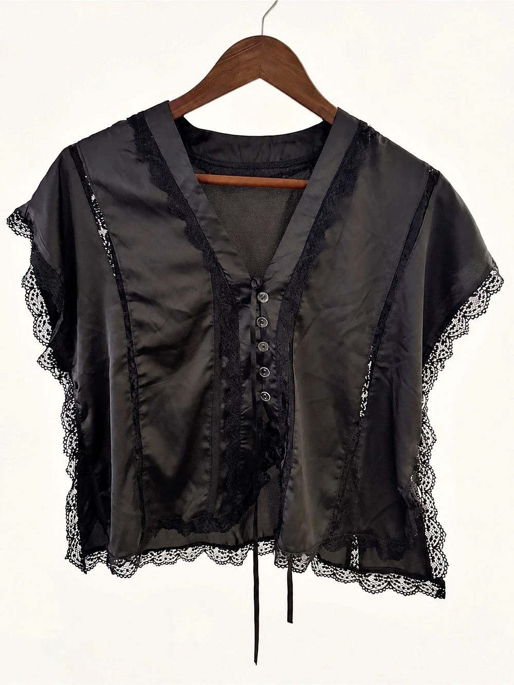 Lace-Trim Satin Button-Up Blouse Black